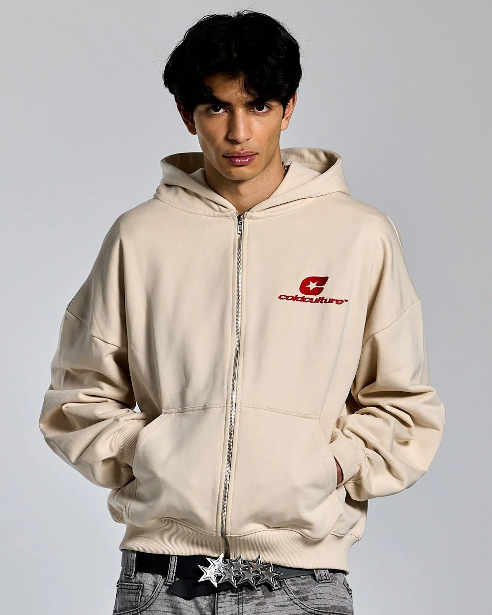 CURVED ZIP HOODIE CREAM - Image 4