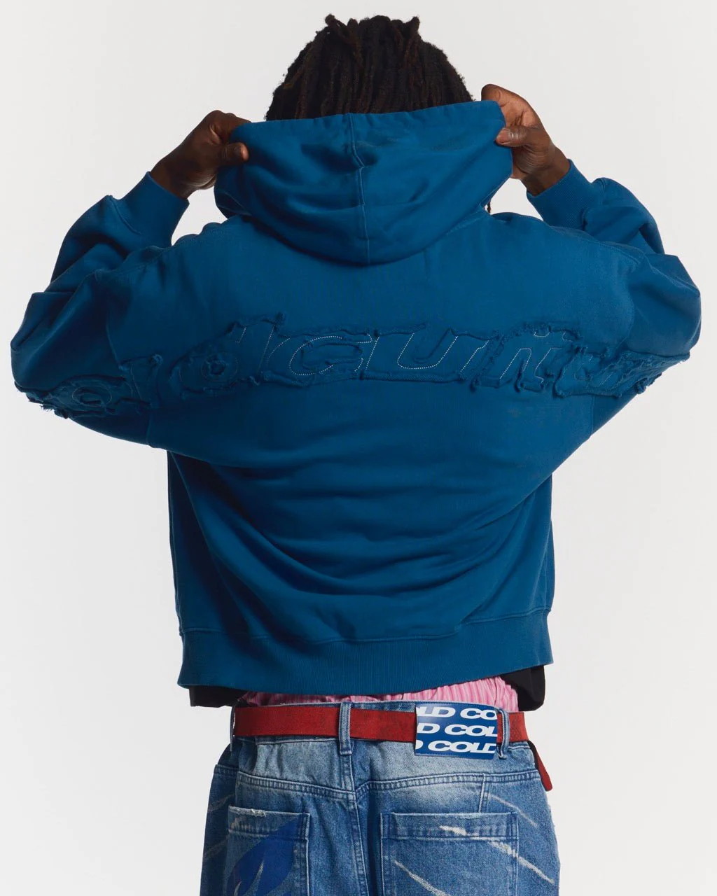 DISTRESS CURVED ZIP HOODIE DARK BLUE - Image 2