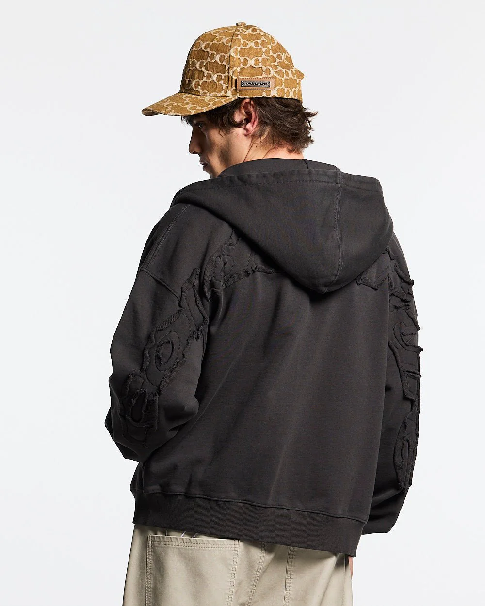 DISTRESS CURVED ZIP HOODIE DARK GREY