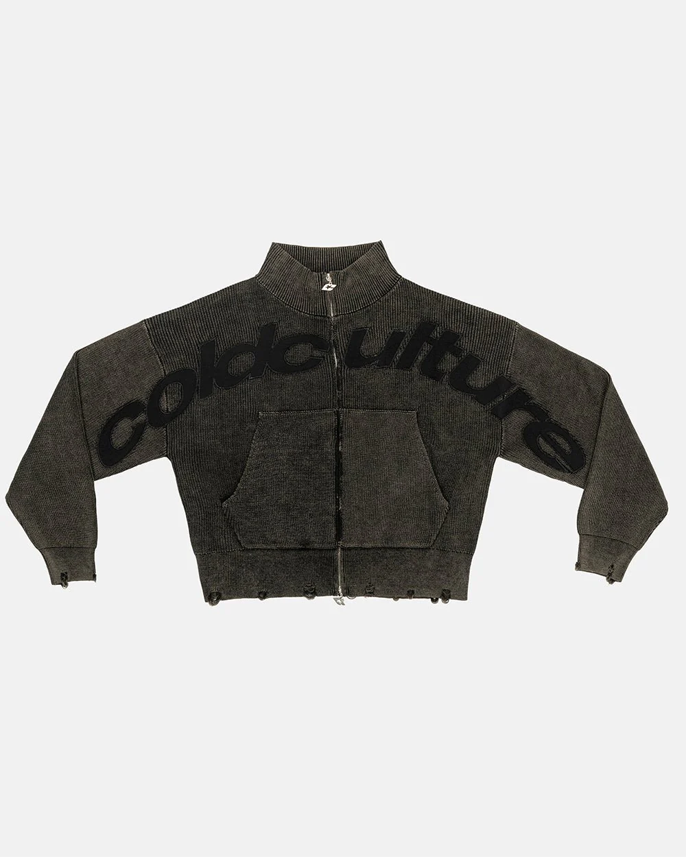 DISTRESS CURVED ZIP KNIT BLACK - Image 2