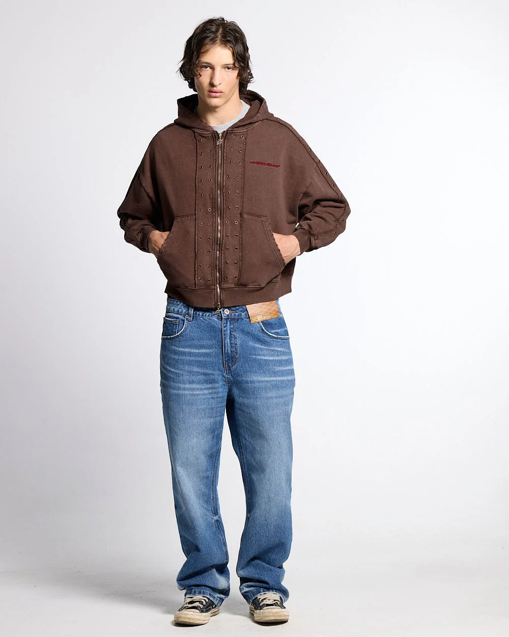 EYELET ZIP HOODIE BROWN - Image 6