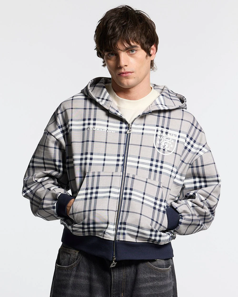 GRID ZIP HOODIE TARTAN DARK BLUE/GREY - Image 2
