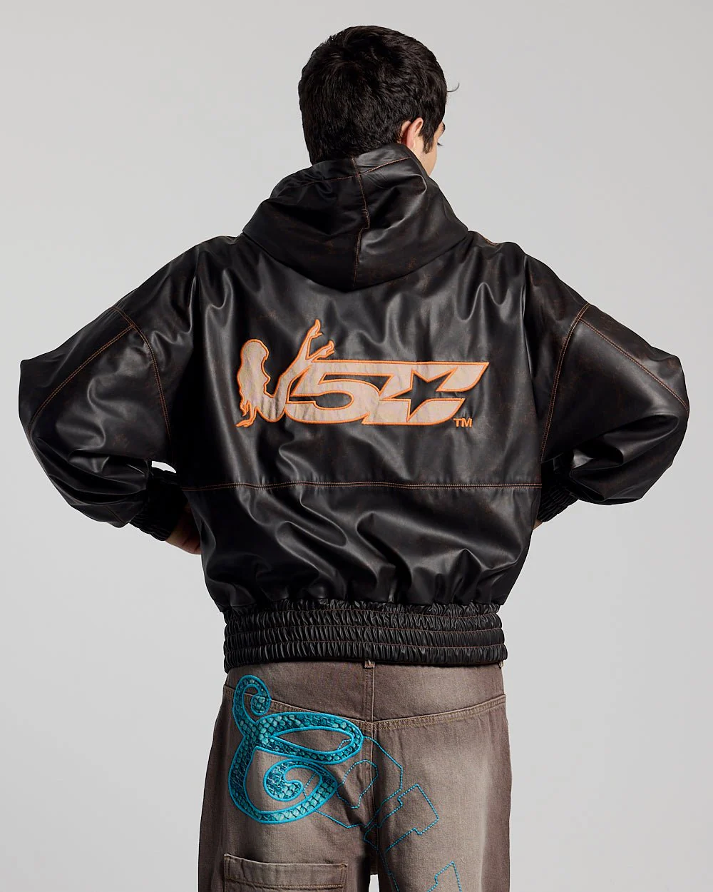 FAUX LEATHER ZIP HOODIE BROWN - Image 2