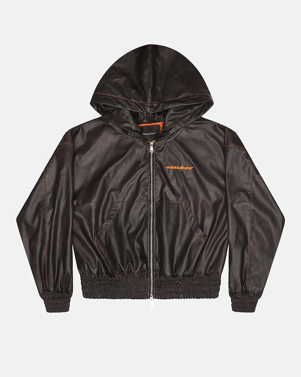 FAUX LEATHER ZIP HOODIE BROWN - Image 3