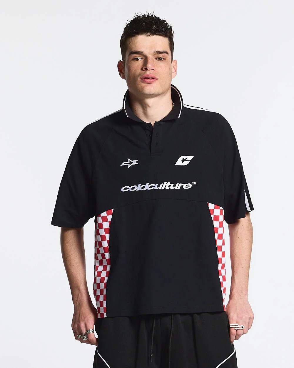 RED CHESS POLO TSHIRT BLACK - Image 2