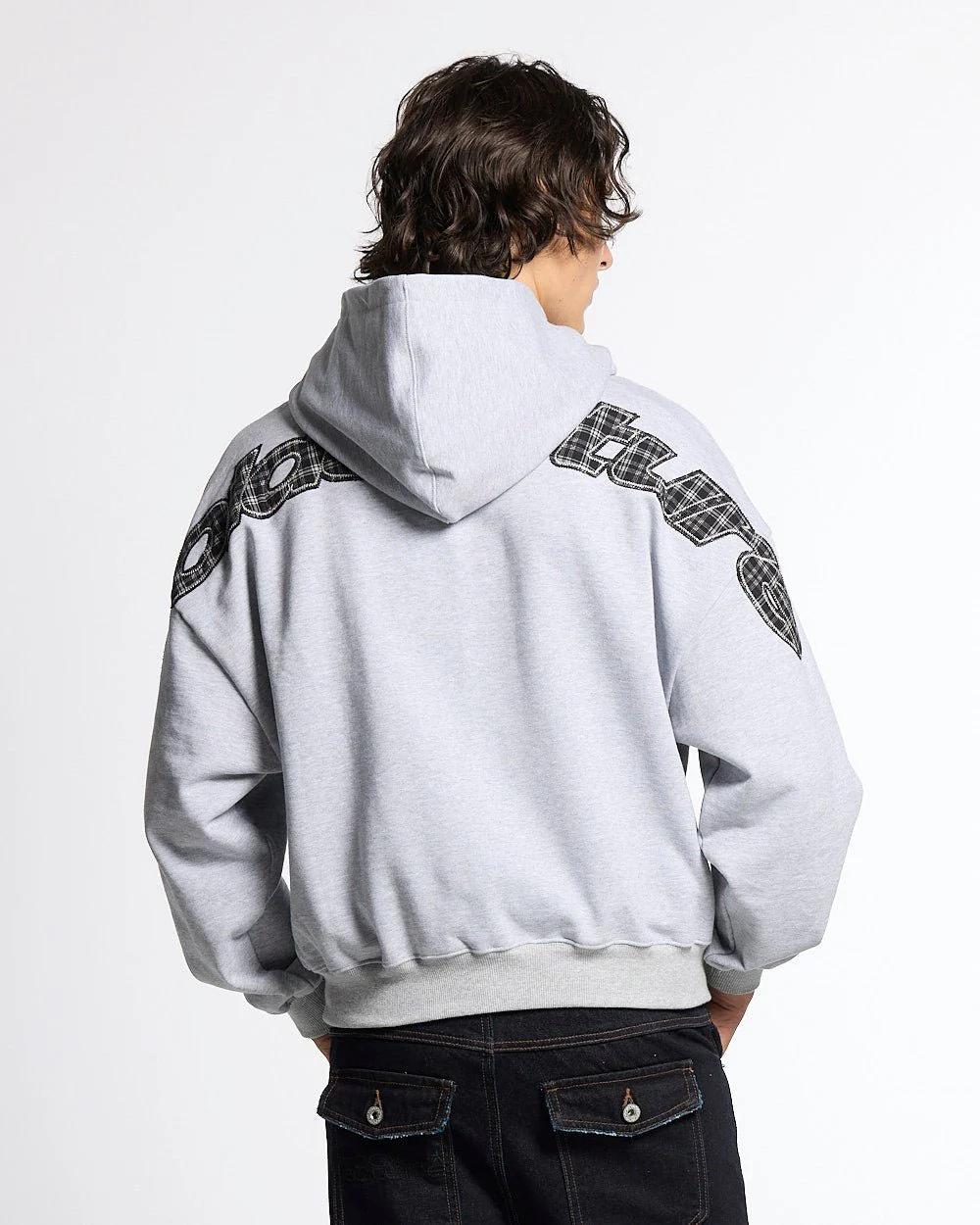 TARTAN DISTRESS CURVED HOODIE HEATHER GREY - Image 5