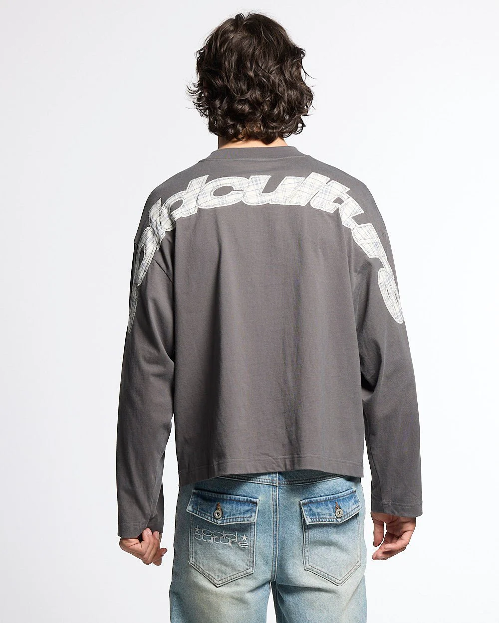 TARTAN DISTRESS CURVED LONGSLEEVE DARK GREY - Image 2