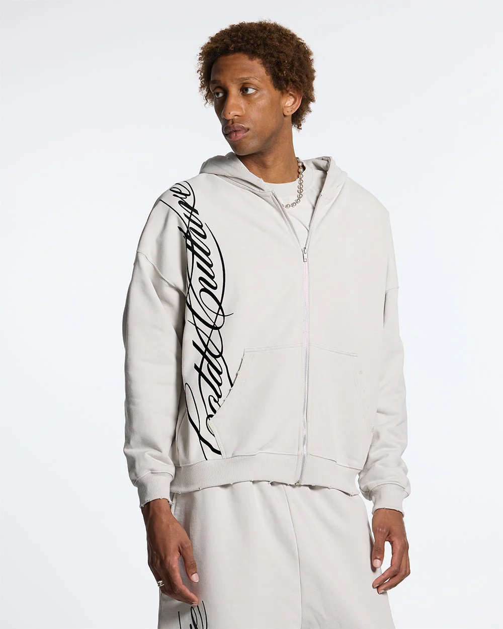 SCRIPT ZIP HOODIE LIGHT GREY - Image 2